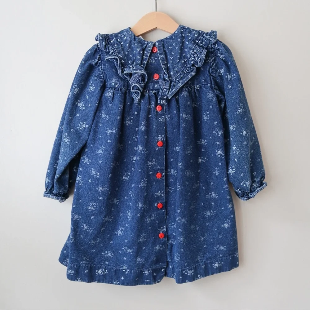 Vintage OshKosh B'Gosh Girl & Flowers Print Long Sleeve Denim Bib Dress 3-4T